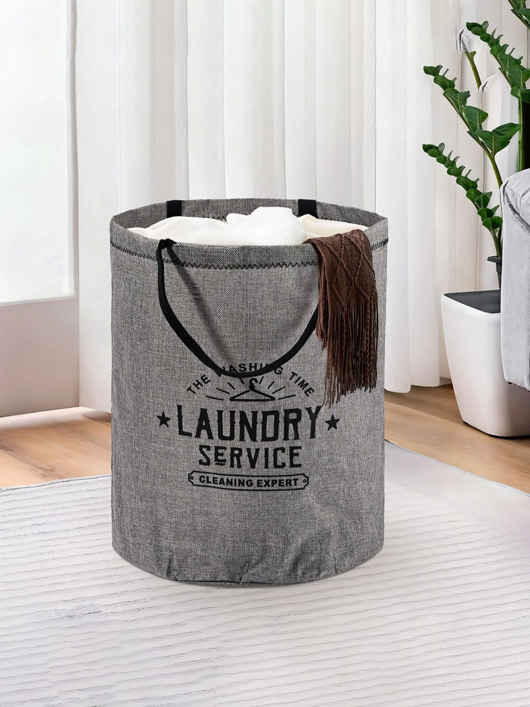Myntra Elegant Homes Grey & Black Printed Foldable Laundry Bag