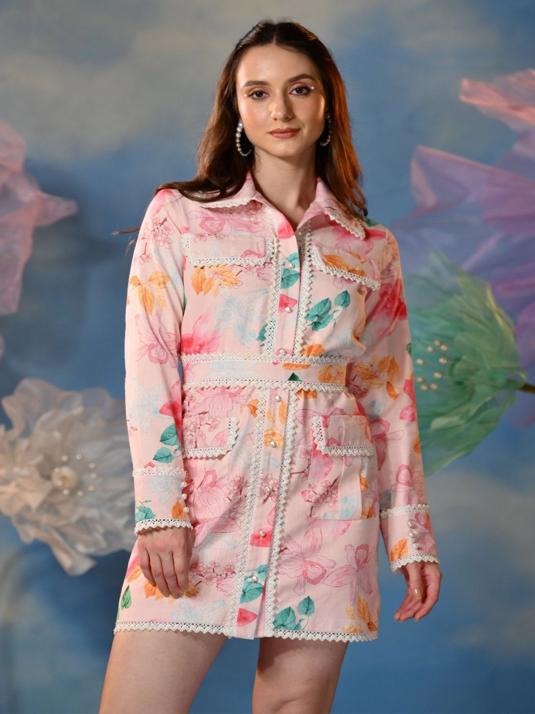 OMBRELLO Women Floral Print Linen Shirt Dress