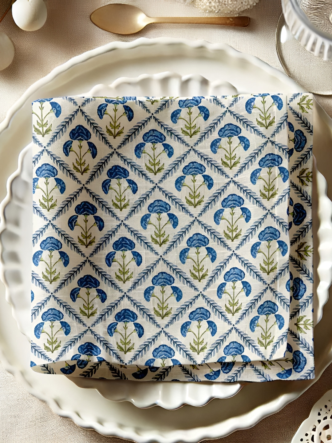 Vargottam 12Pcs White & Blue Printed Cotton Table Napkins