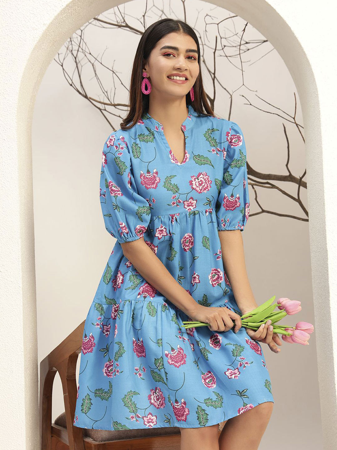 Bani Women Blue Color Floral Printed Fit & Flare Casual Knee Length Dress