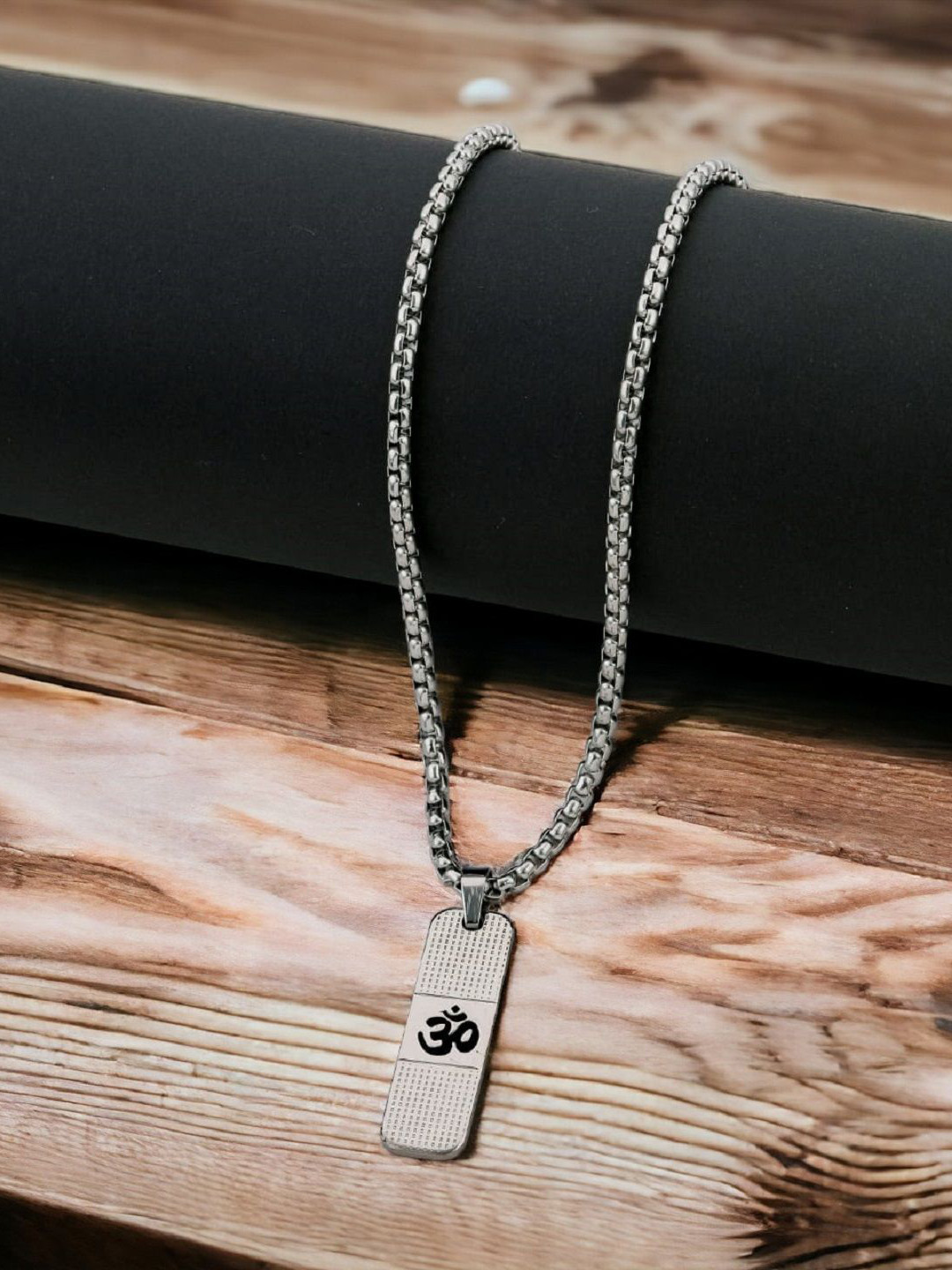 SZN Men Silver-Plated Rectangular Om Design Pendant with Chain