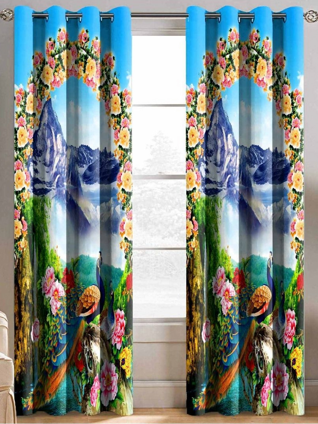 Aura Blue & Rust 2 Pieces Floral Printed Door Curtains