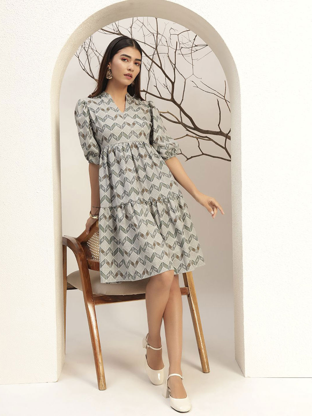 Bani Women Grey Color Printed Fit & Flare Casual Knee Length Dress