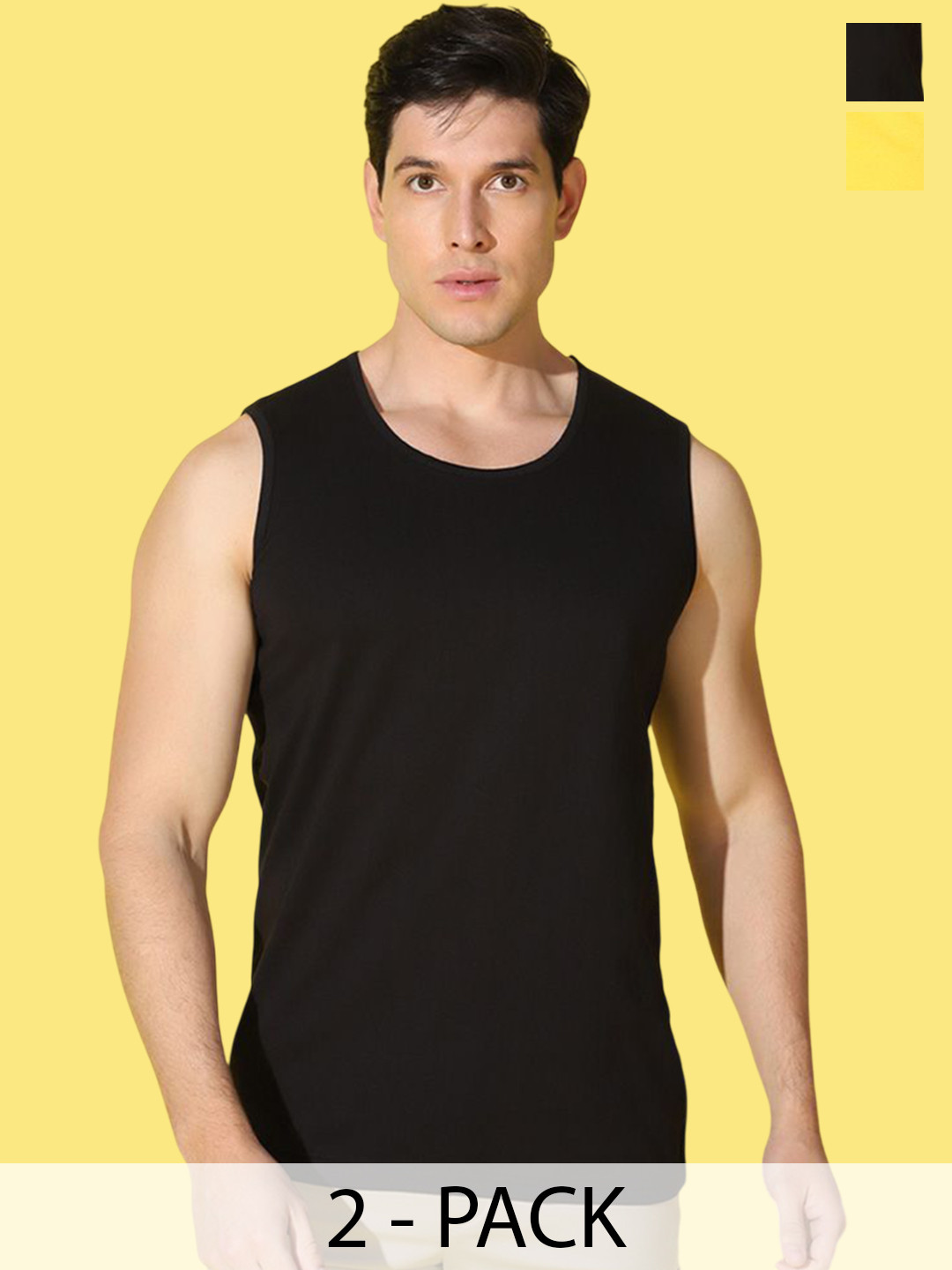 WOOSTRO Pack Of 2 Printed Super Combed Cotton Gym Vests VWS26(ALONE YELLOW)(PLAIN BLAC