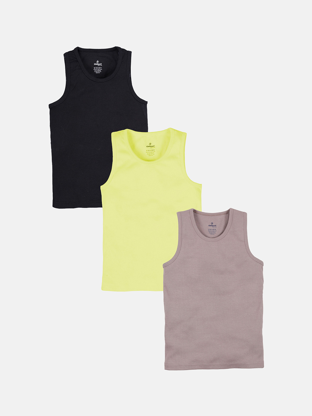 KiddoPanti Boys Pack Of 3 Pure Cotton Basic Vests SS25BVT005-Black/ P Yellow/ Dusty Brown