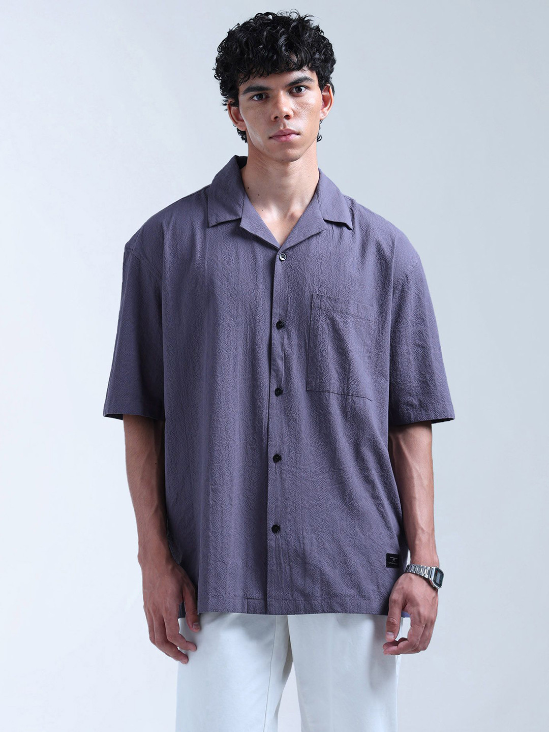 Flying Machine Relaxed Lapel Collar Oversized Seersucker Casual Shirt
