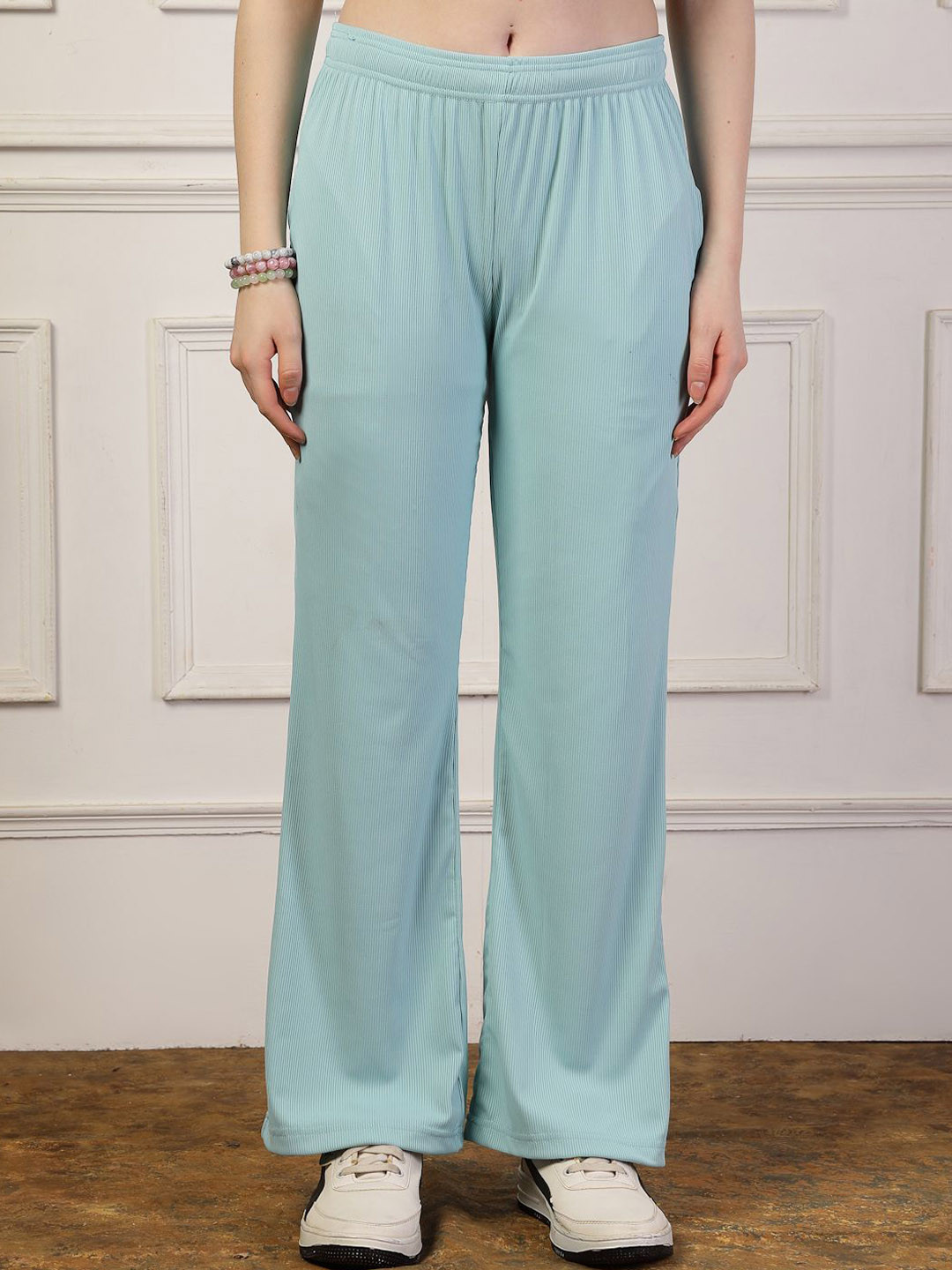 UZARUS Ribbed Stretchable Mid-Rise Bell Trousers