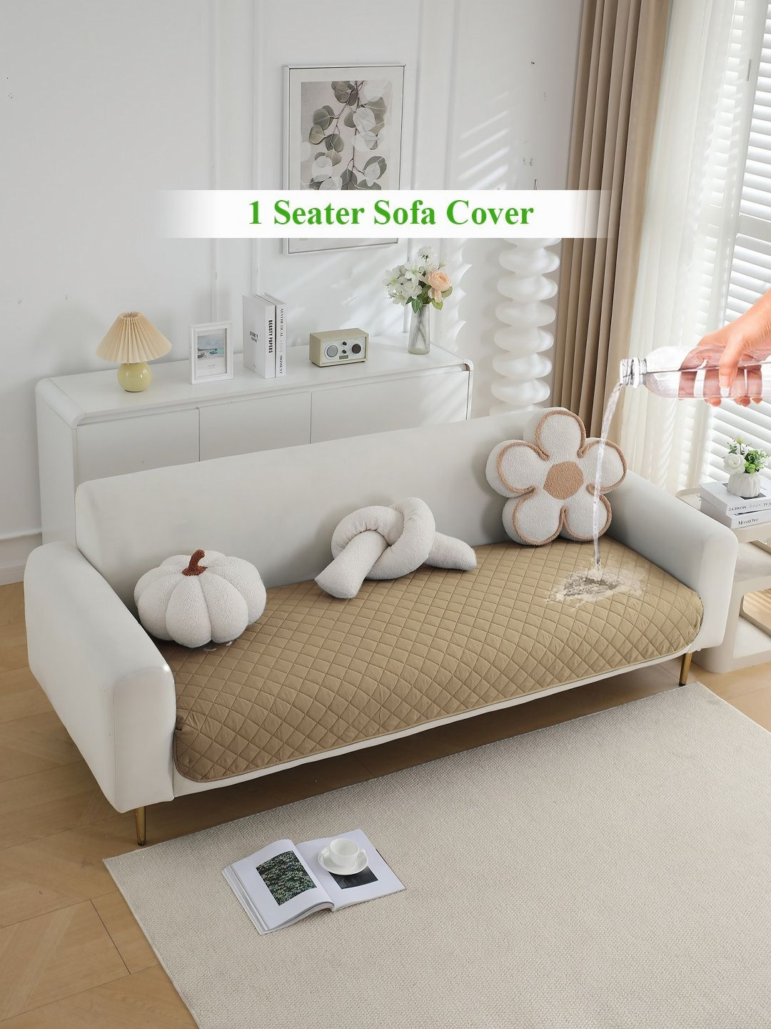 HOKIPO Camel Brown Polyester 1 Seater Water Repellent Sofa Mat