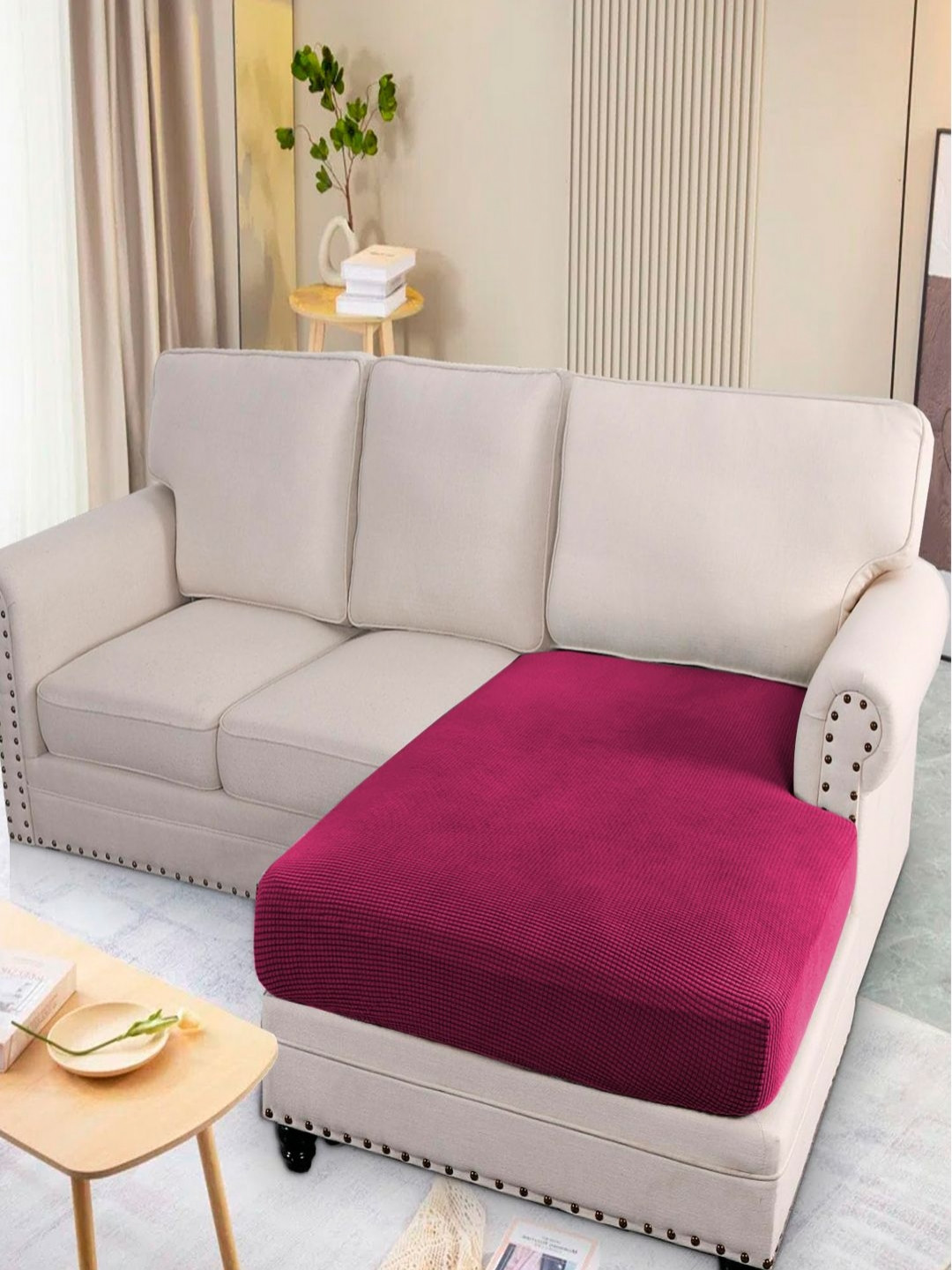 HOKIPO Maroon Jacquard Chaise Cover for L Shaped Sofa