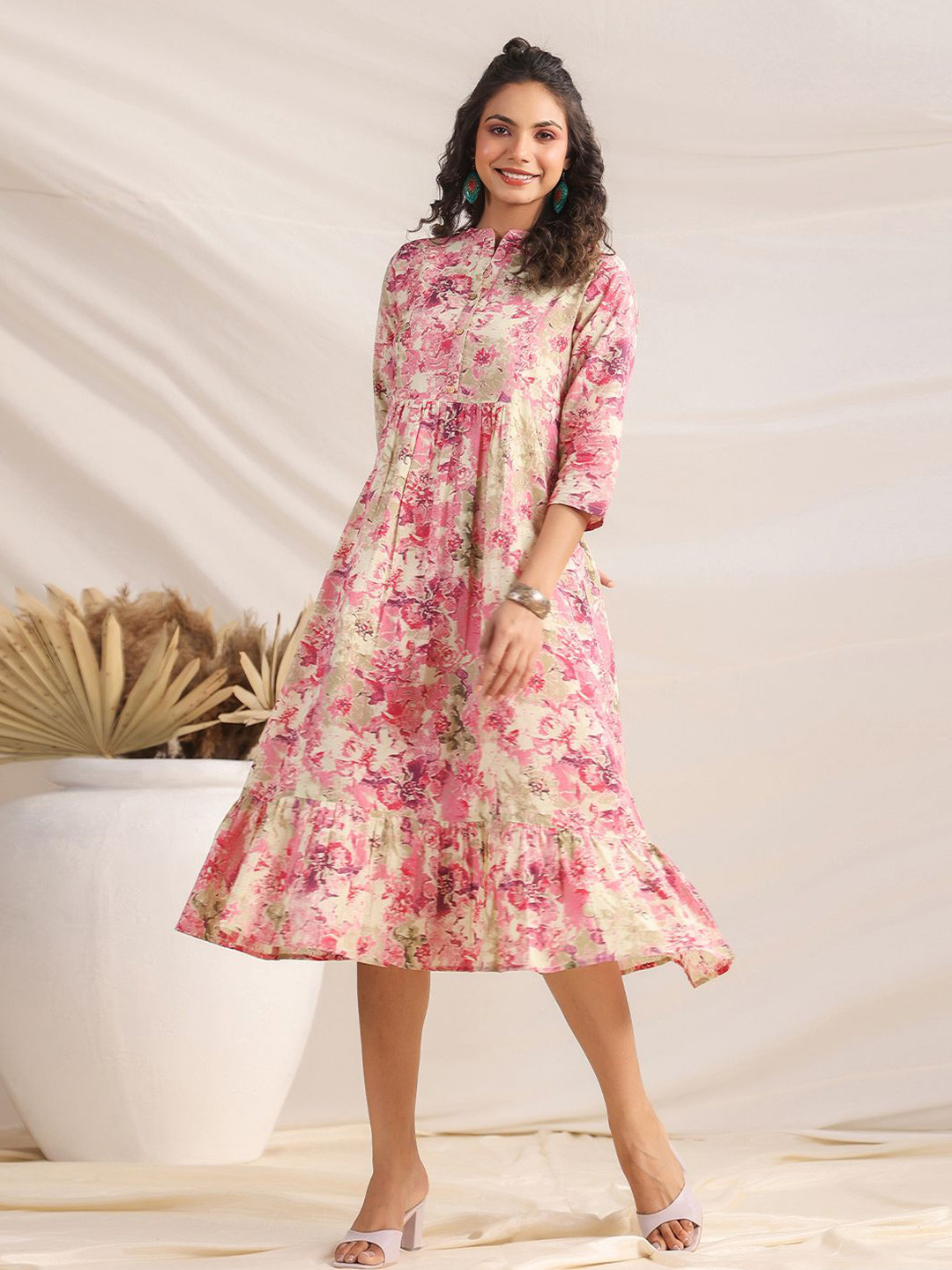 Janasya  Women Pink Pure Cotton Abstract Gathered Ethnic Dresses