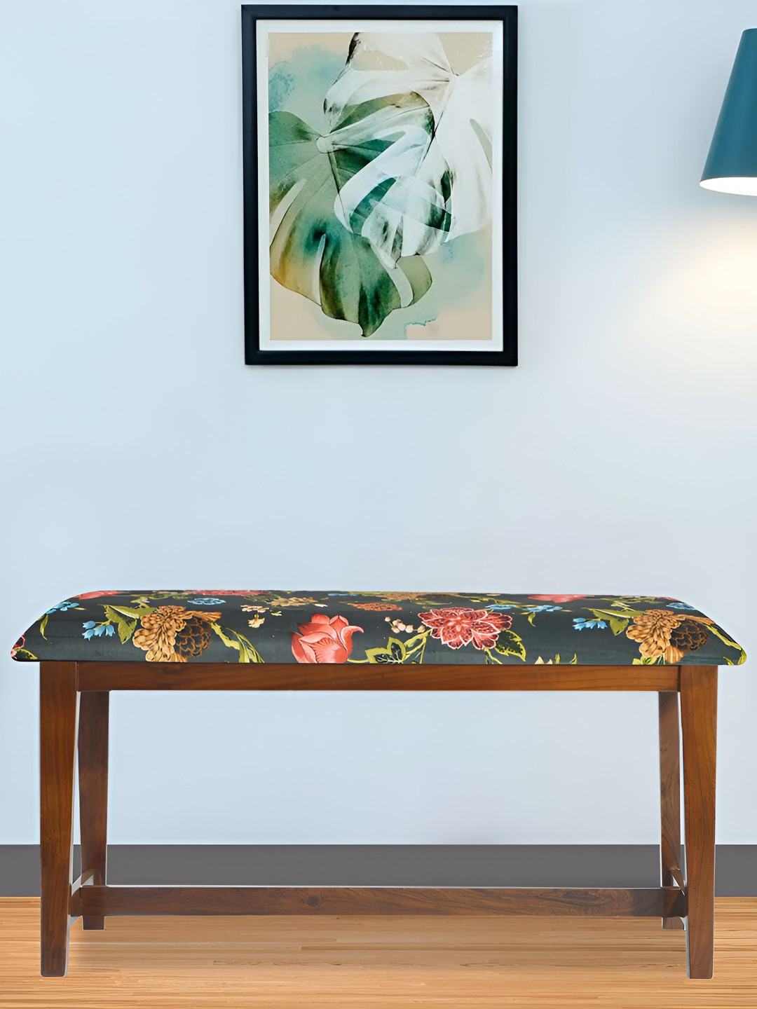 GLOBALLY INDIAN Green & Red Sheesham Wooden Cushioned Rectangle Bench