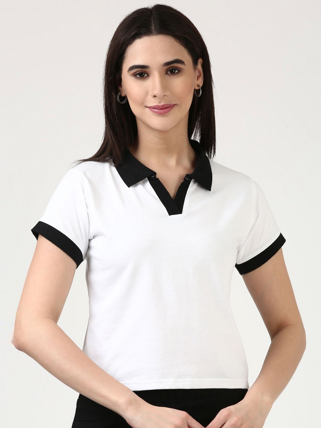 FILMODE Women Contrast Collar Crop Cotton T-shirt