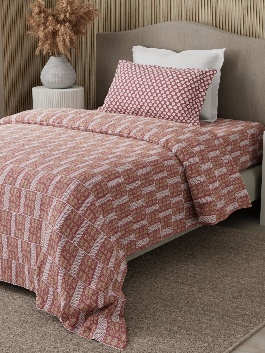 Boutique Living India Valatia Karigiri Pink Ethnic Motifs Pure Cotton Shrink Resistant 200 TC Single Fine Bedsheet with 2 Pillow Covers-224 x 152 cm