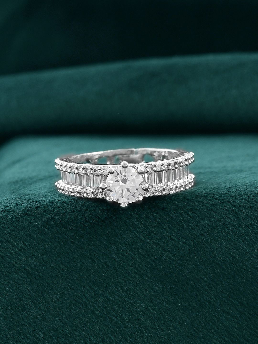 Voylla Rhodium-Plated Sparkling Elegance Aurora Solitaire American Diamond Ring