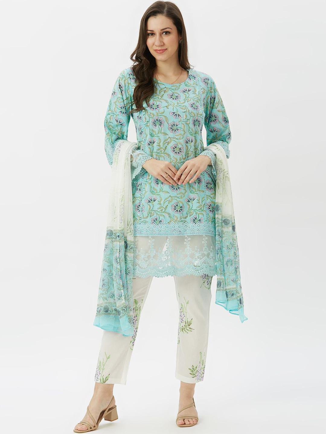 YURAA THE LABEL Floral Printed Pure Cotton Straight Kurta With Trouser And Dupatta