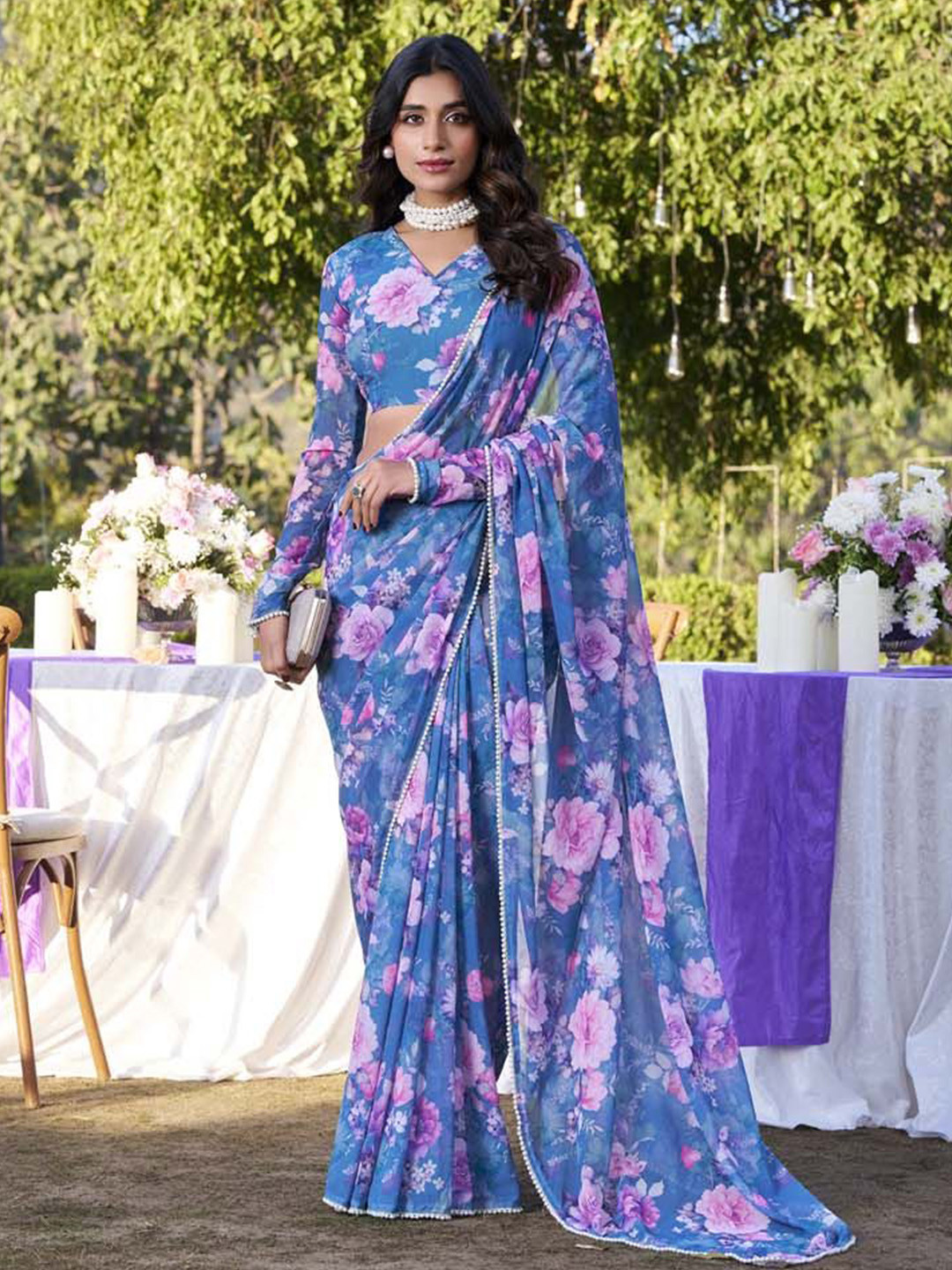 LOOKNBOOK ART Floral Printed Pearl Lace Border Tussar Saree