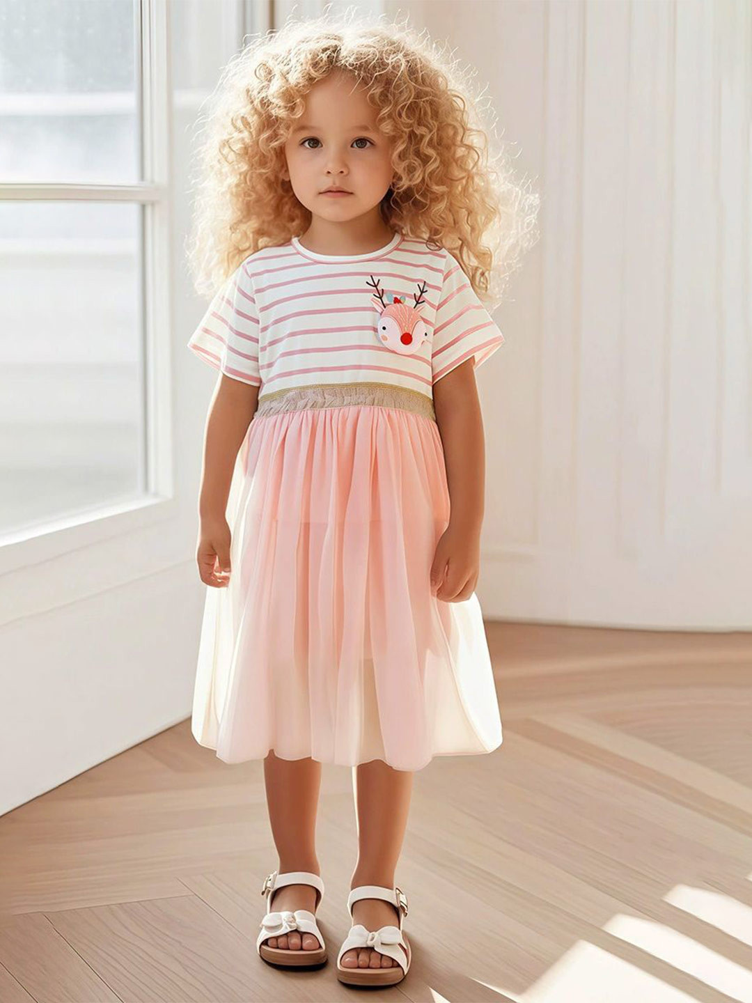 JC SPARKLE Girl Striped Round Neck Short Sleeves Fit & Flare Dress