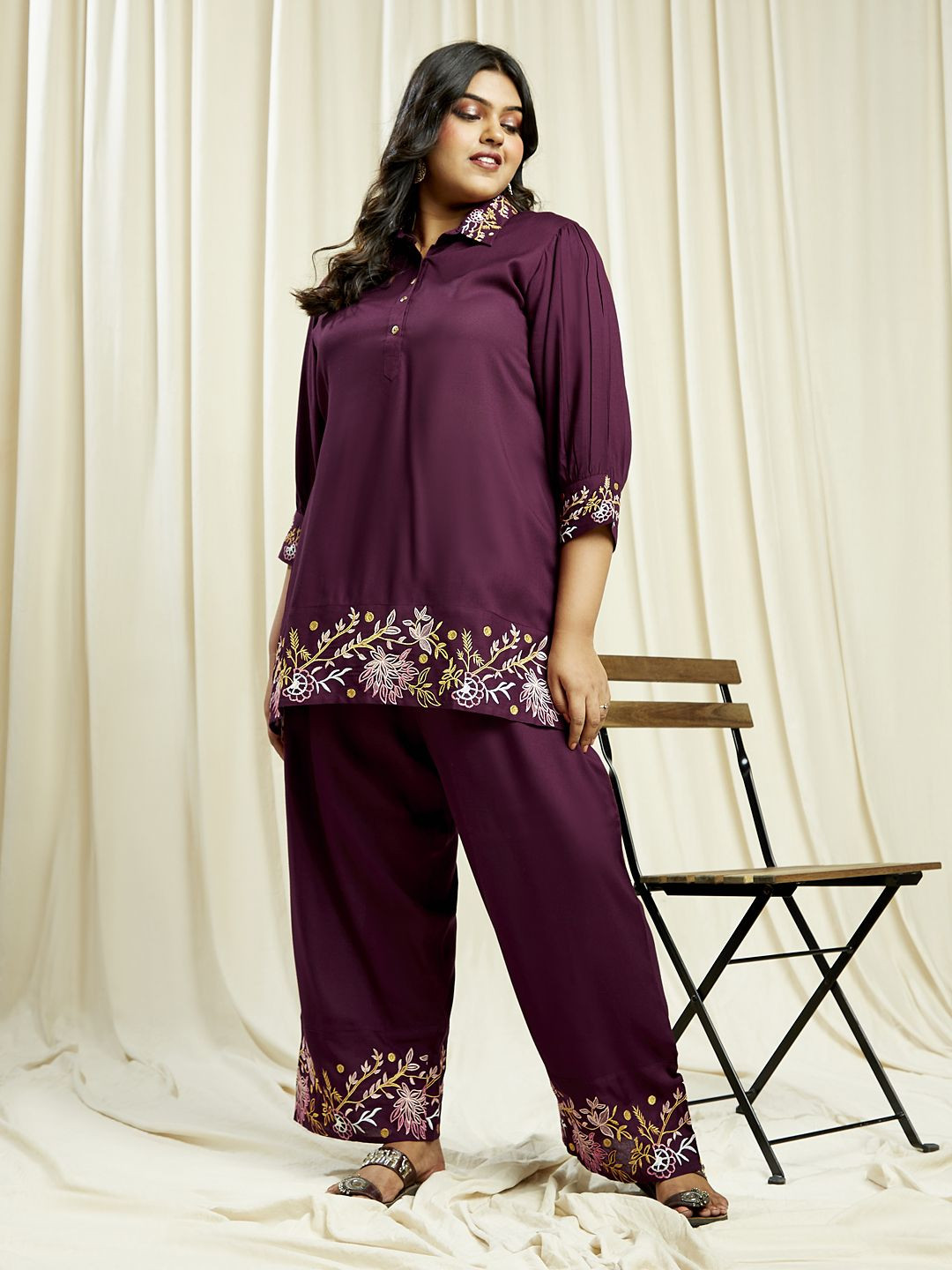 Globus Gloplus Embroidered Shirt Style Tunic With Trousers Plus Size Fusion Co-Ord Set