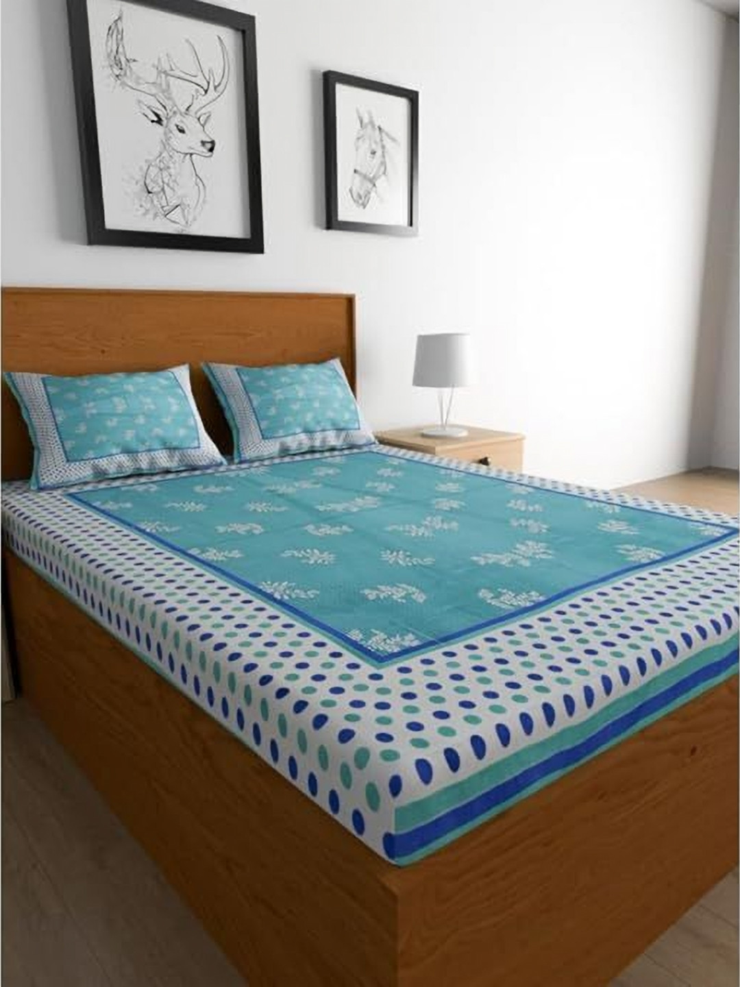 METRO LIVING Urban Magic Turquoise Blue Floral Cotton 104 TC Fitted Queen Fine Bedsheet with 2 Pillow Covers-93 x 83 inches