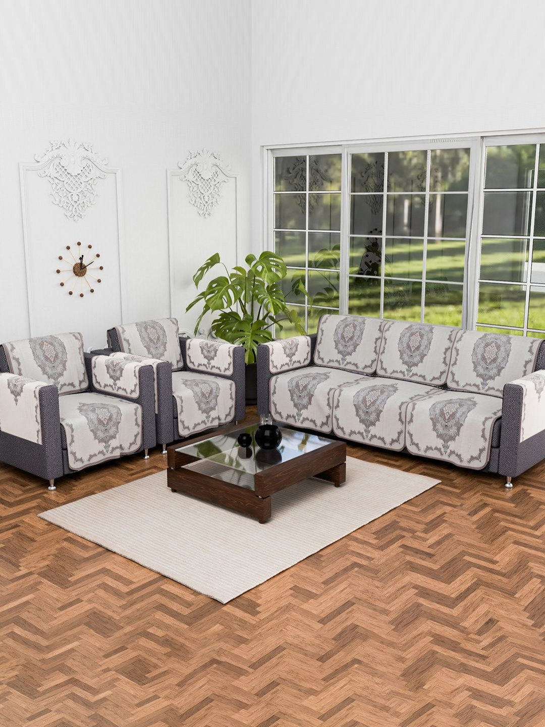 Aura Cream & Brown 10 Pieces Rangoli Printed 5 Seater Cotton Sofa Cover With Arms