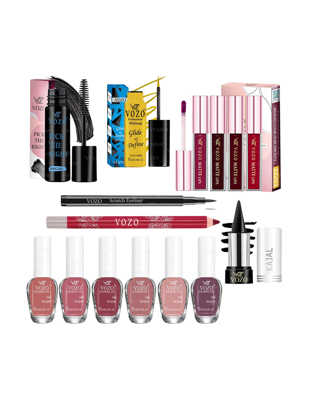 VOZO Set Of 7 Complete Glam Mascara, Lipstick, Nail Polish & Kajal - Combo 03