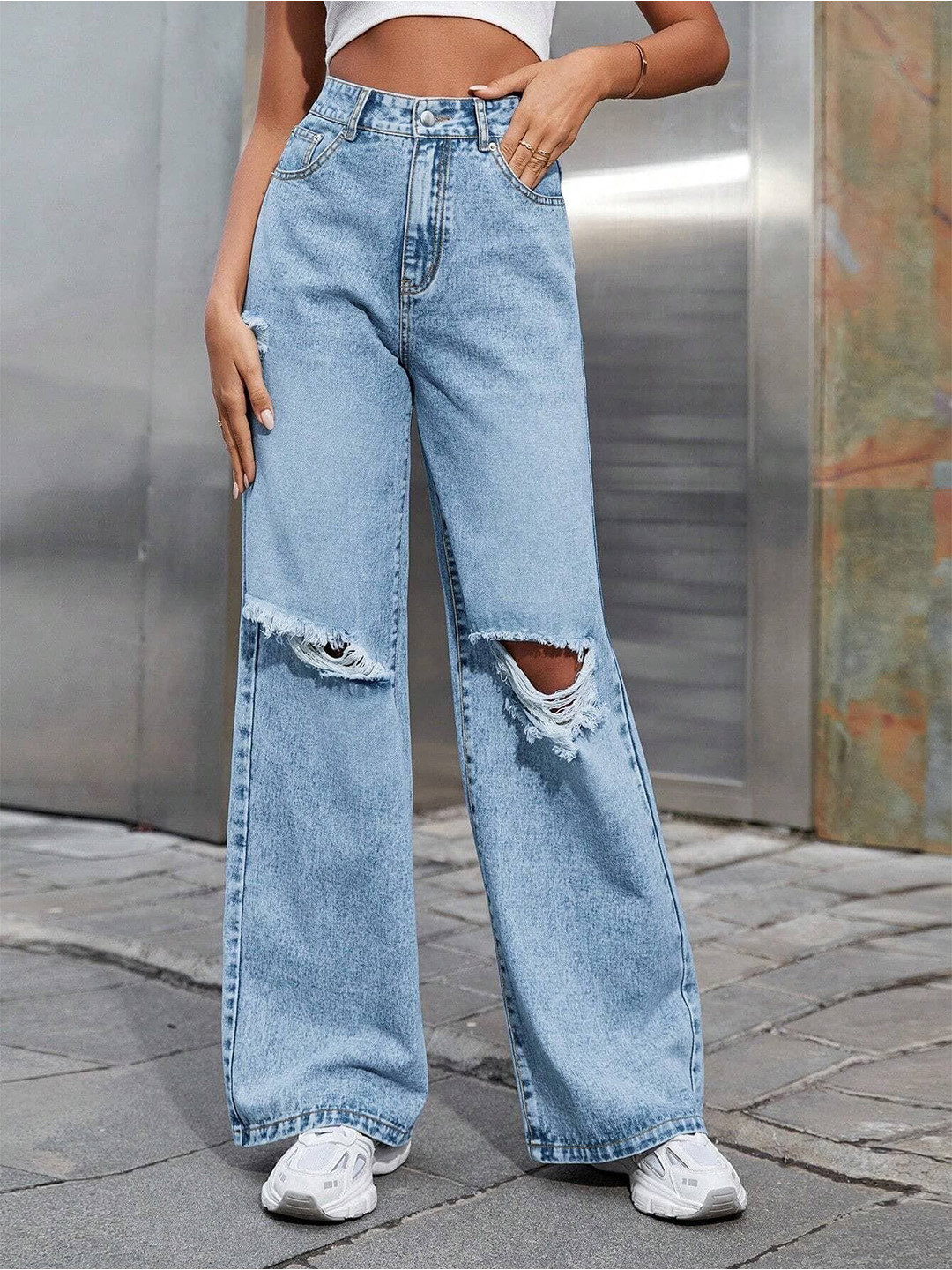 Aadvi Fashion Baggy Women Smart Wide Leg High-Rise Slash Knee Stretchable Jeans