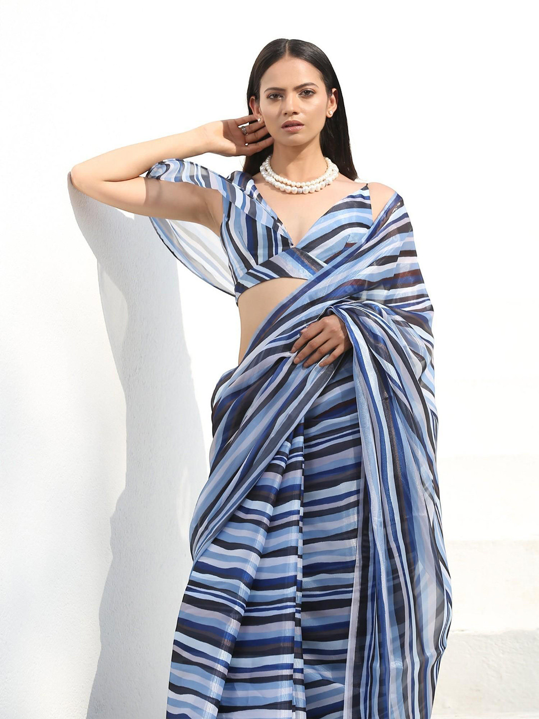 Swtantra Striped- Shades of Blue One Shoulder Sleeve Saree Blouse