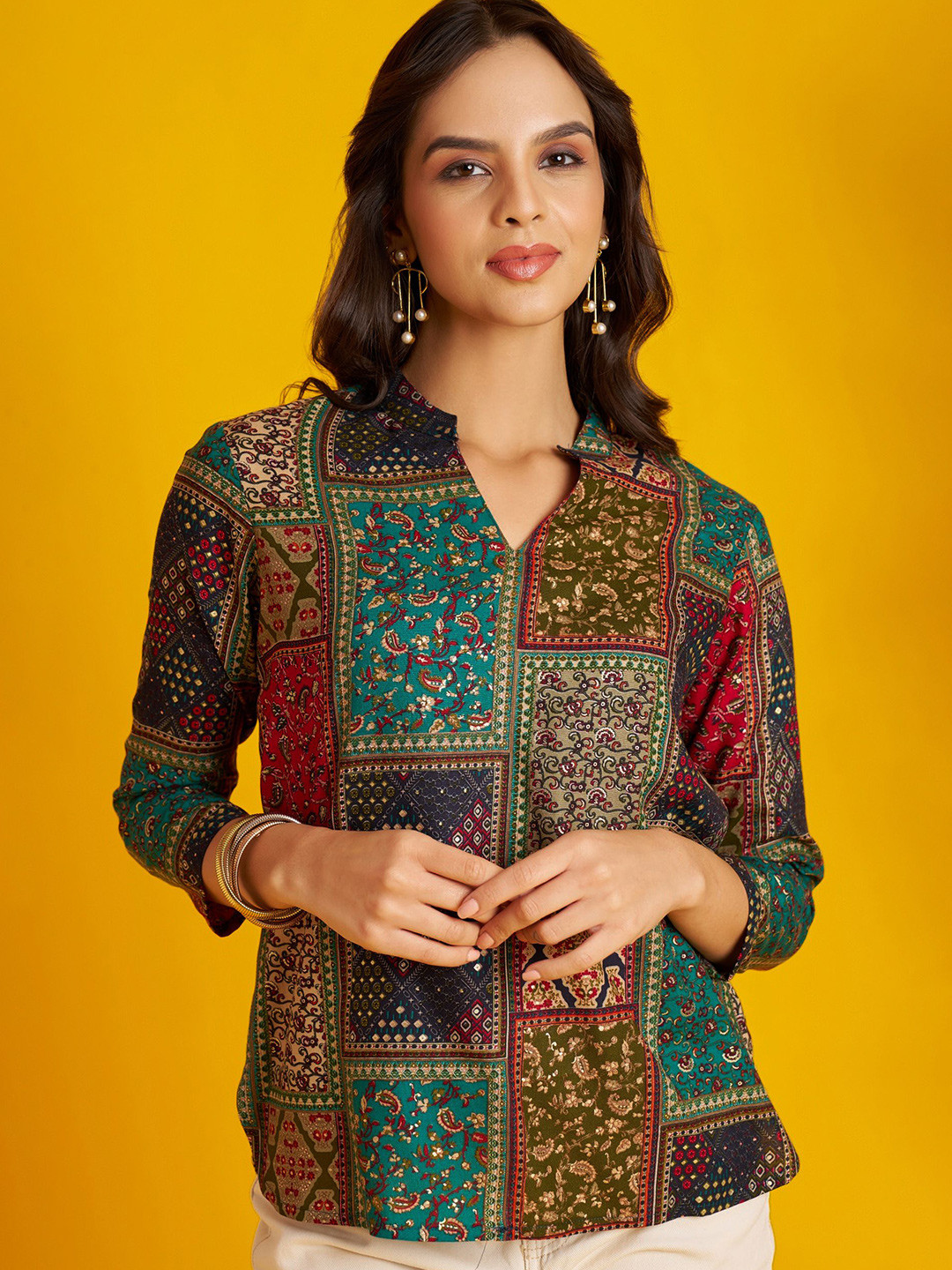 FLOWERVELLY Print Mandarin Collar Shirt Style Top