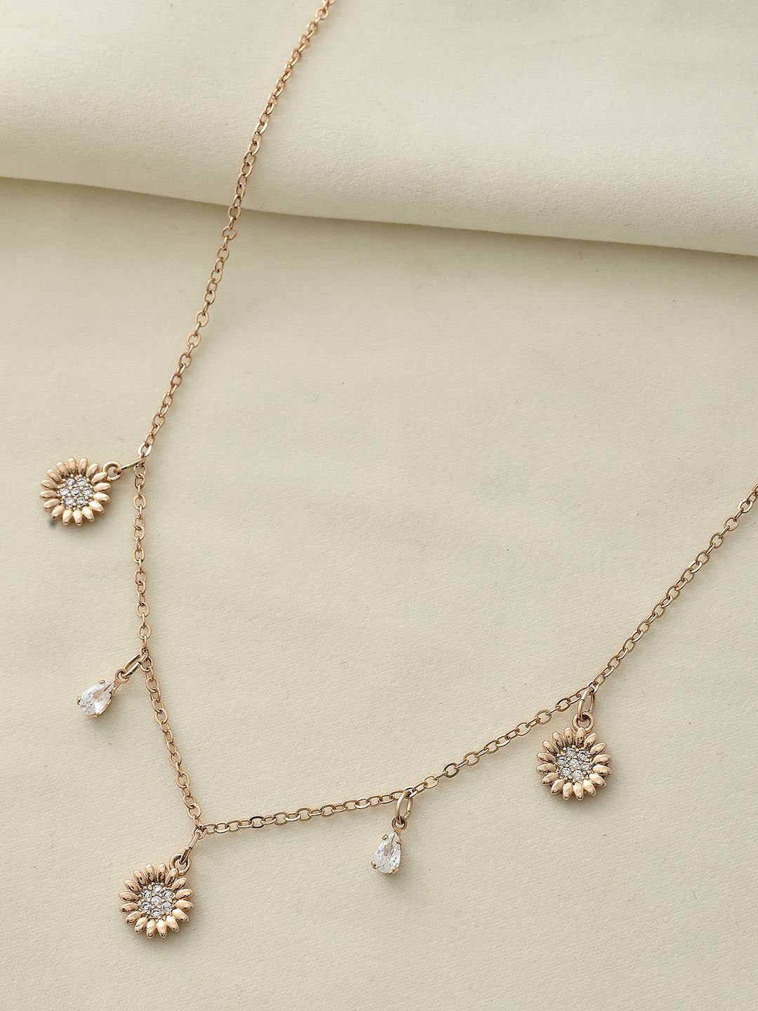Voylla Rose Gold-Plated Stainless Steel Cubic Zirconia-Studded Wildflower Charm Necklace