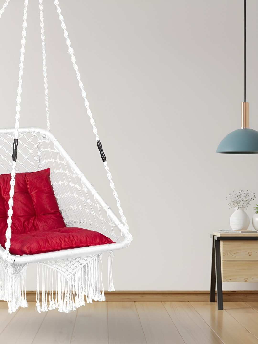 Swingzy White & Red Textured Hammock Swing With Cushion Set