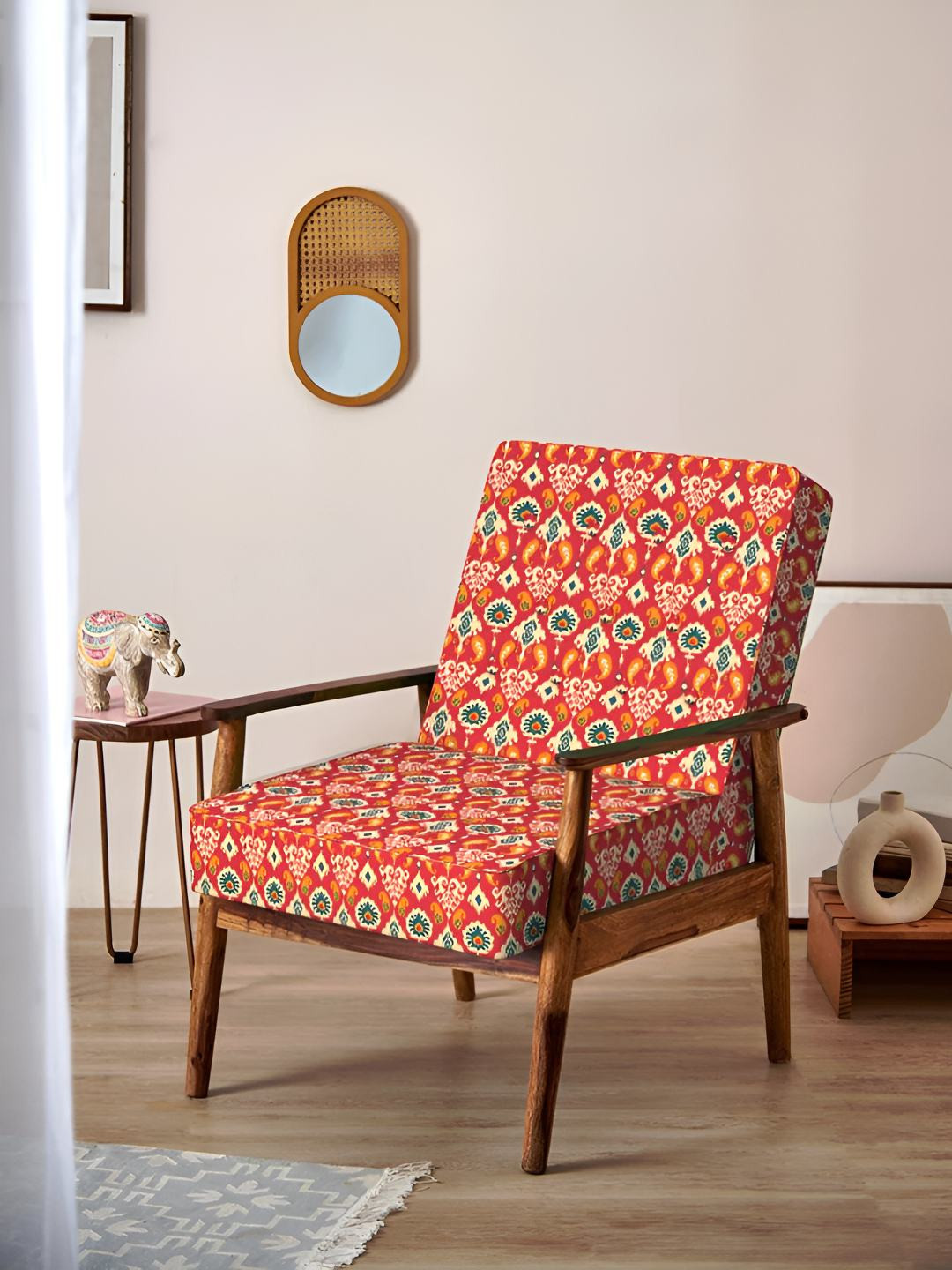 Chumbak Red & Green Ikat Printed Memsaab Arm Chair