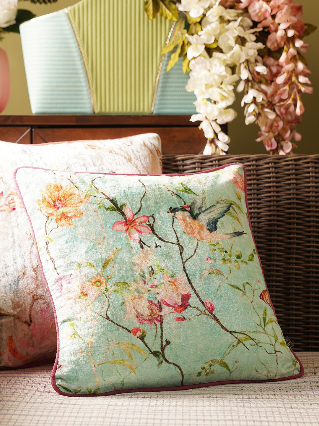 Pure Home and Living Blue & Orange Floral Velvet Square Cushion Covers