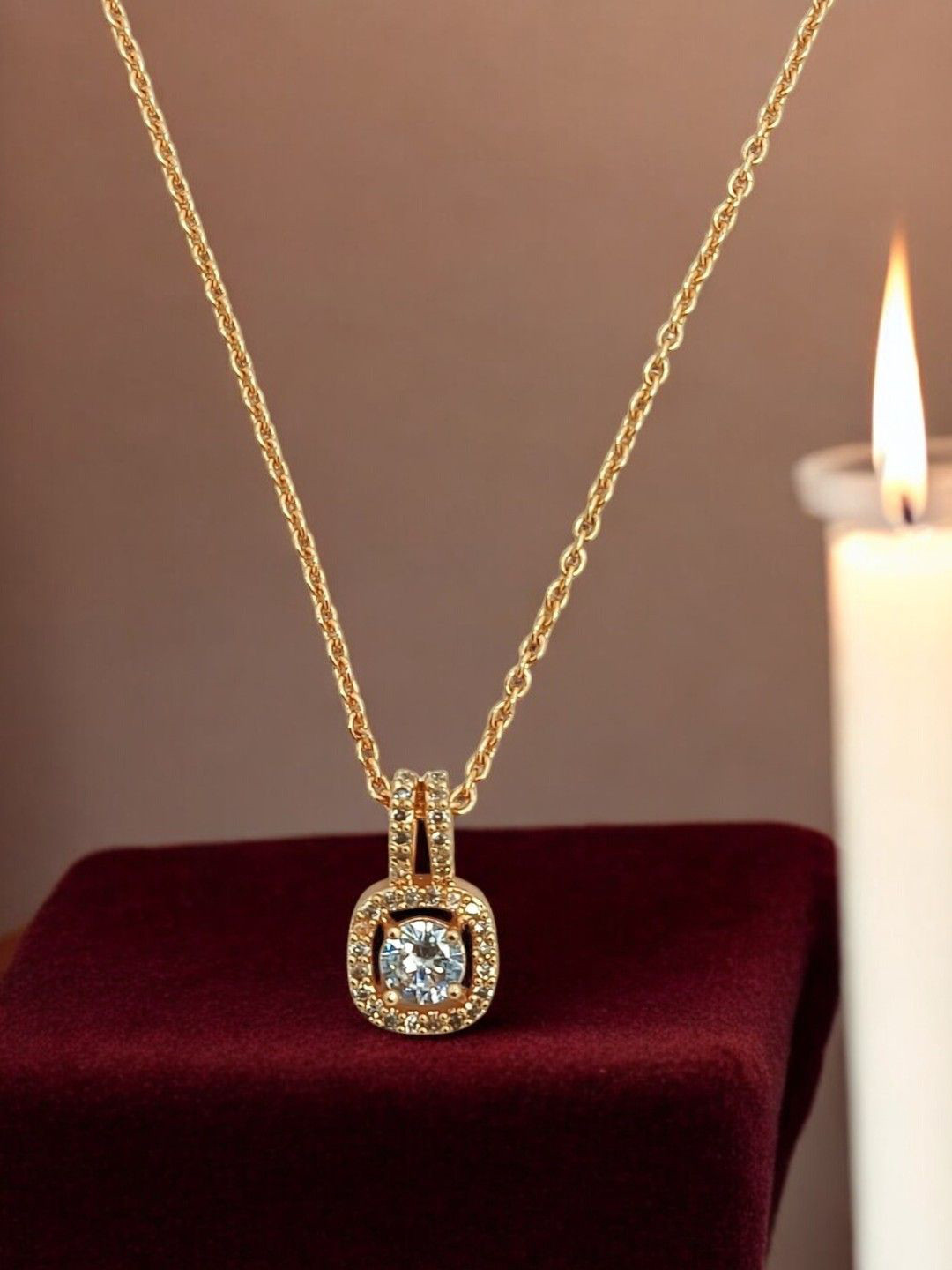 FEMMIBELLA Gold-Plated American Diamond Studded Square Pendants with Chains