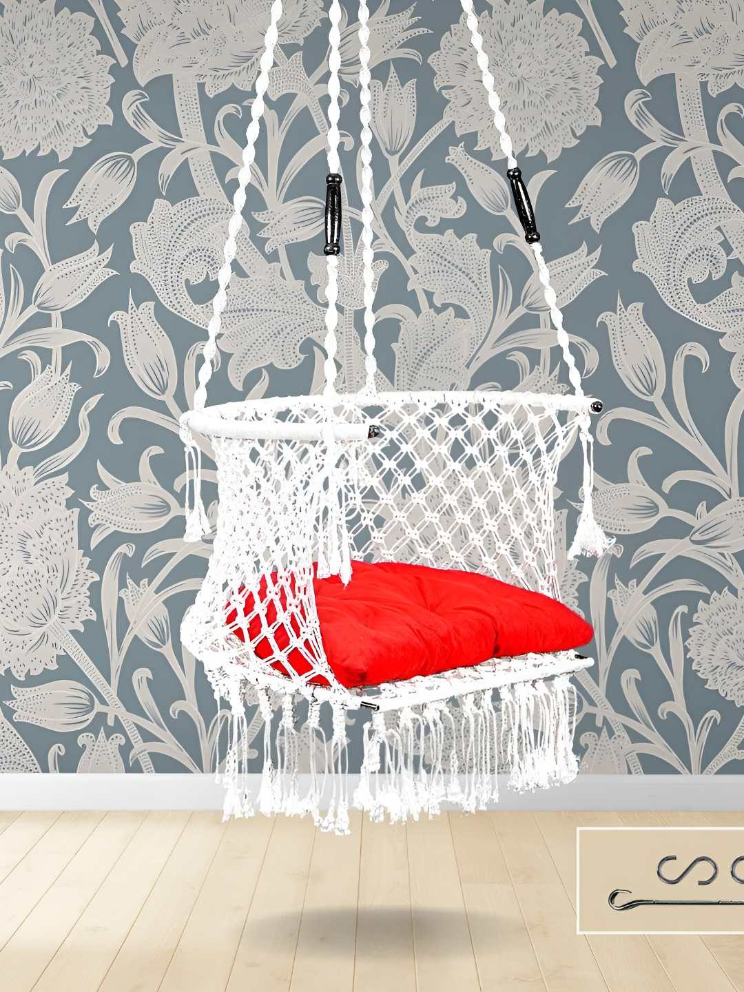 Swingzy White & Red C-Shape Hanging Hammock Swing With Cushion