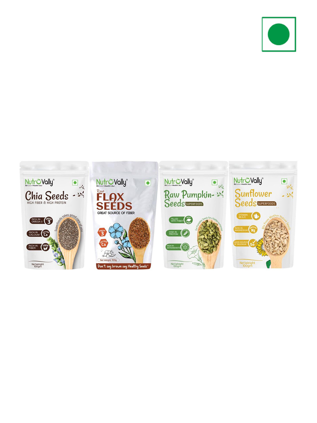 NutroVally Set Of 4 Chia, Flax, Pumpkin and Sunflower Seeds - 100 g (Each)