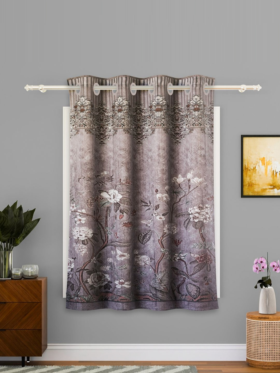 Aura Brown & Purple Floral Printed Black Out Cotton Window Curtain