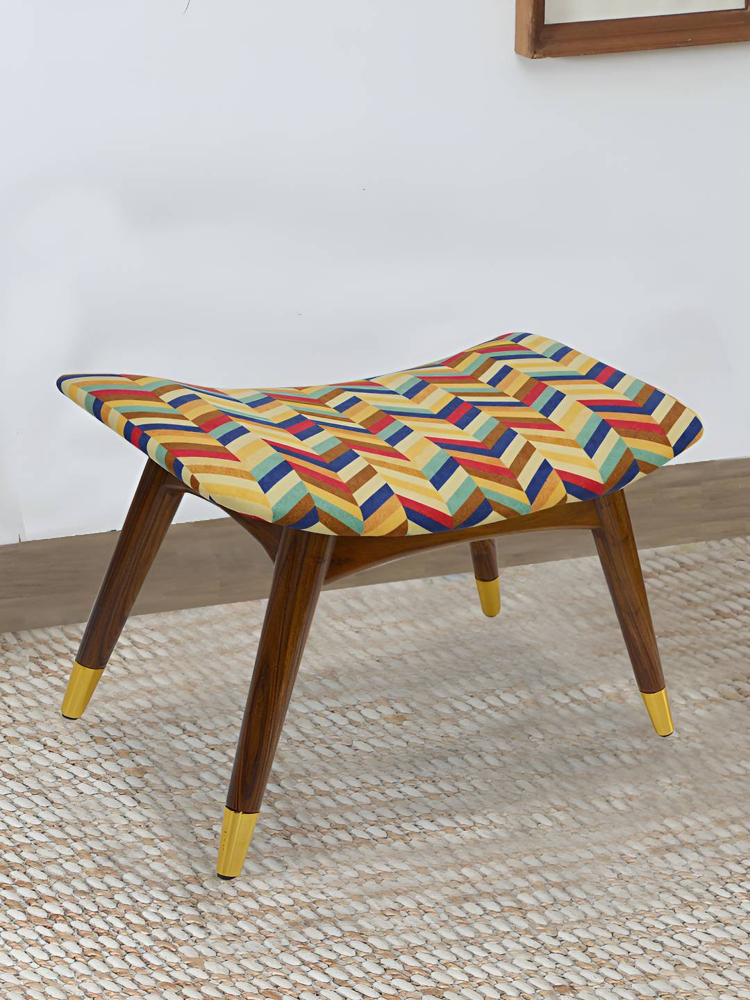 GLOBALLY INDIAN Yellow & Brown Printed Wood Stool With Velvet Cushioned Seat