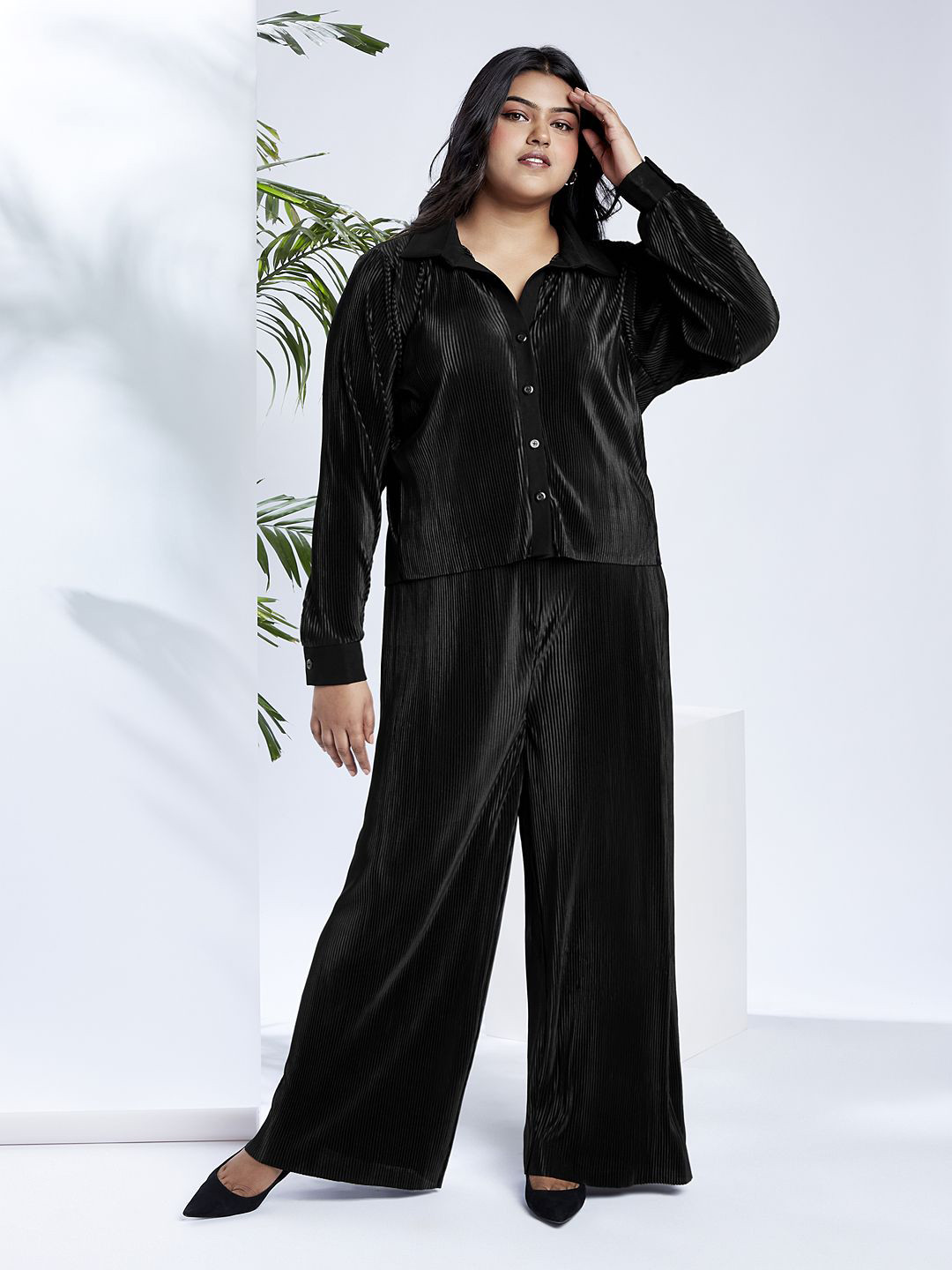 Globus Gloplus Accordian Pleats Shirt Style Top with Trousers Plus Size Party Co-Ord Set