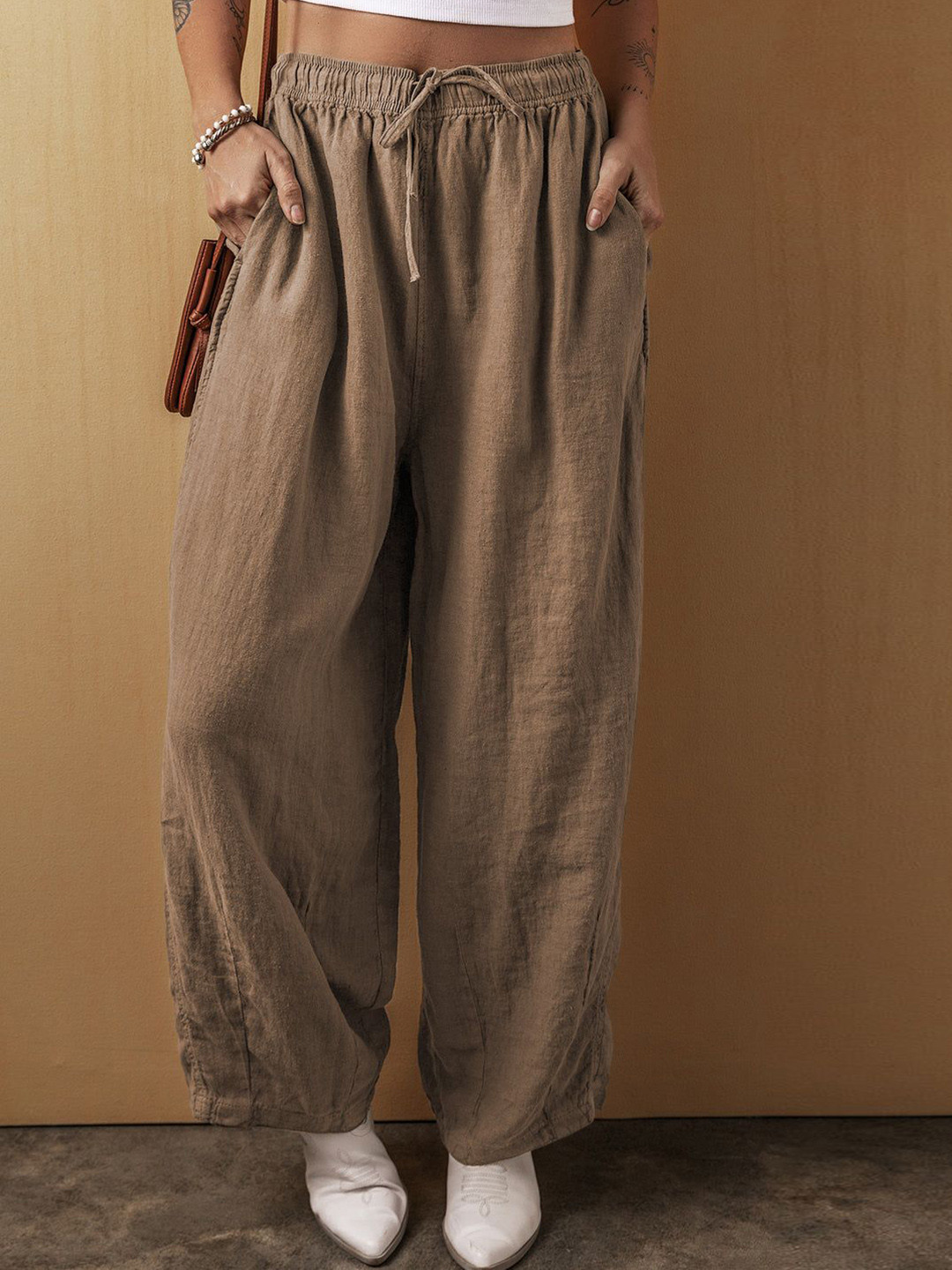 Errabelly Women Desert Palm Cotton Linen Drawstring Waist Wide Leg Pants