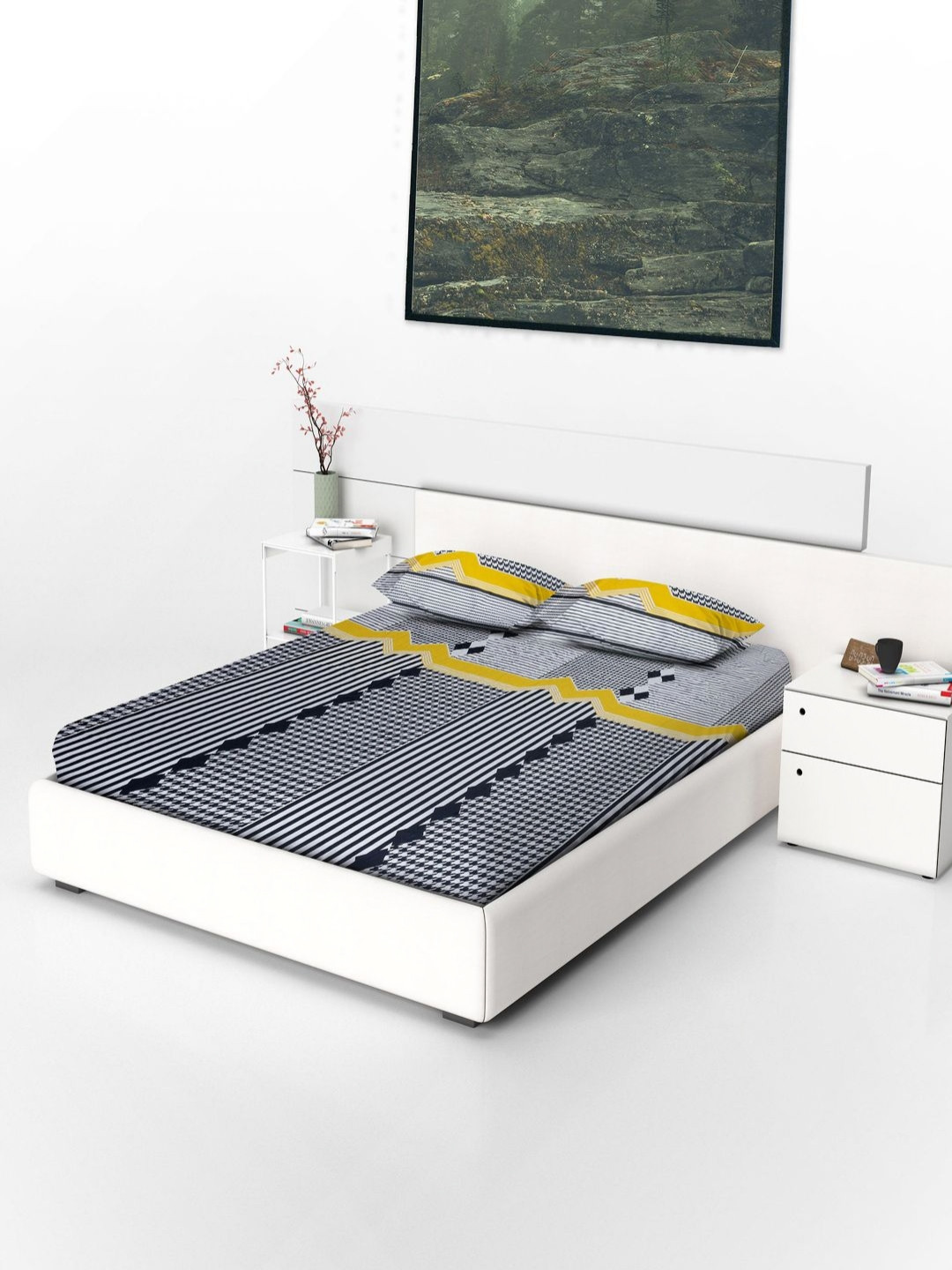 Threadwear White Geometric Cotton 400 TC Fitted King Superfine Bedsheet with 2 Pillow Covers-108 x 93 inches
