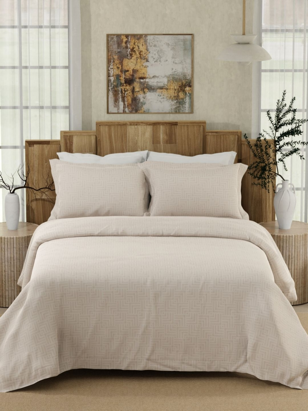 Boutique Living India Beige & White Geometric 300 TC King Bedsheet with 2 Pillow Covers