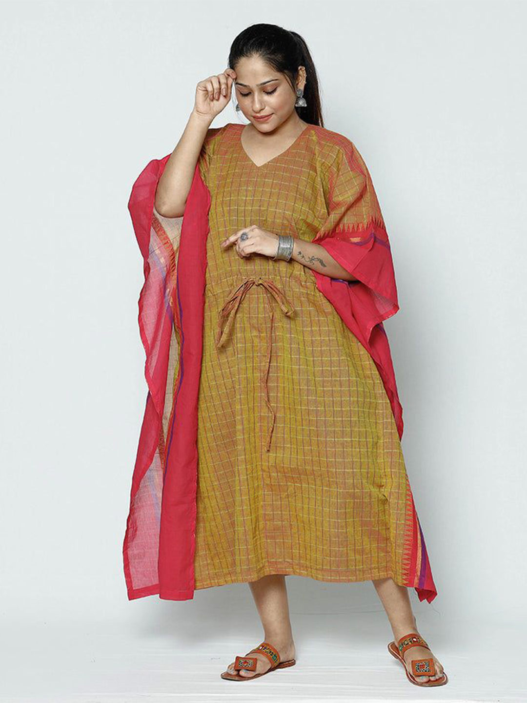 iTokri Women V-Neck Checked Kaftan Midi Dress