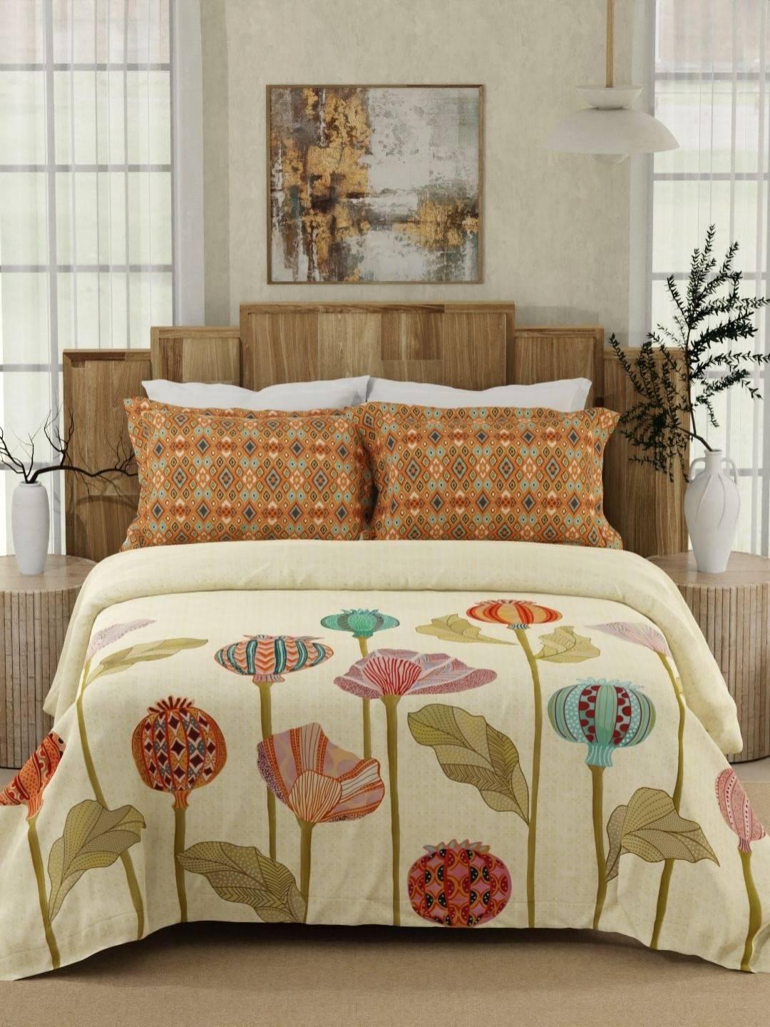 Boutique Living India Gardenia Augusta Beige Floral Pure Cotton 300 TC King Fine Bedsheet with 2 Pillow Covers-108 x 108 inches
