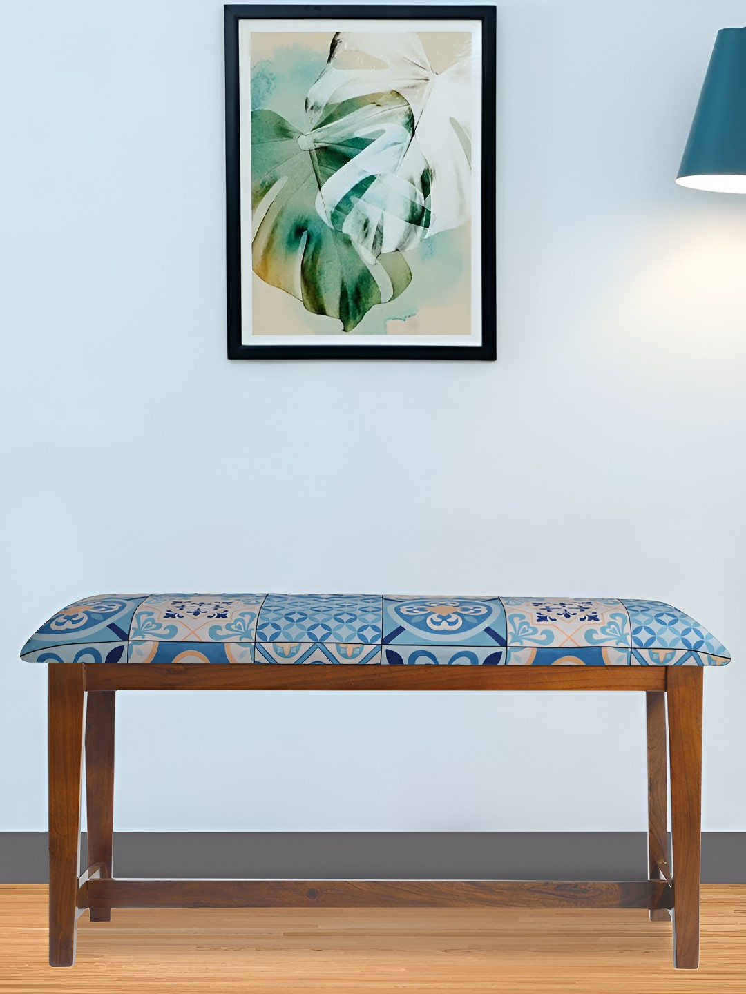 GLOBALLY INDIAN Brown & Blue Printed Wooden Cushioned Seat Bench