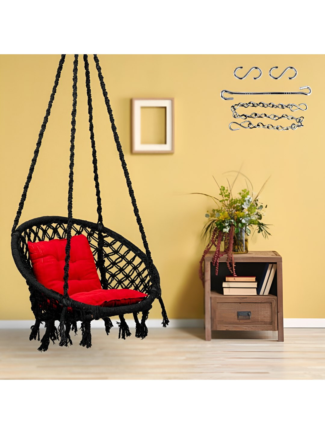 Swingzy Black & Red Round Shaped Hammock Swing Chair With Cushion