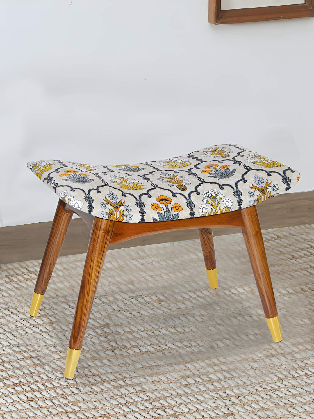 GLOBALLY INDIAN Beige & Black Printed Wood Stool With Velvet Cushioned Seat