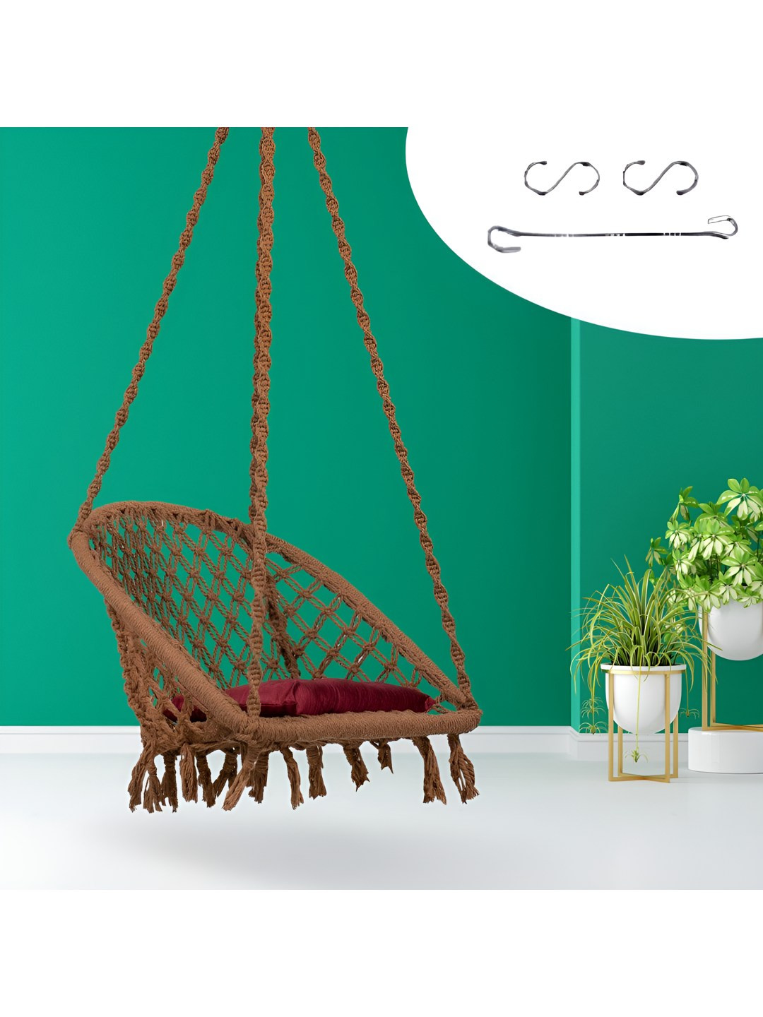 Swingzy Brown & Red Coton D Shape Hammock Hanging Swing With Cushion