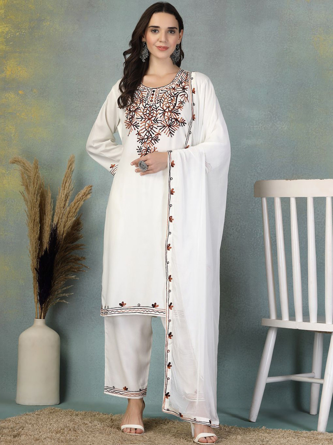 Shine N Sober Women Floral Embroidered Regular Aari Work Kurta with Palazzos & With Dupatta