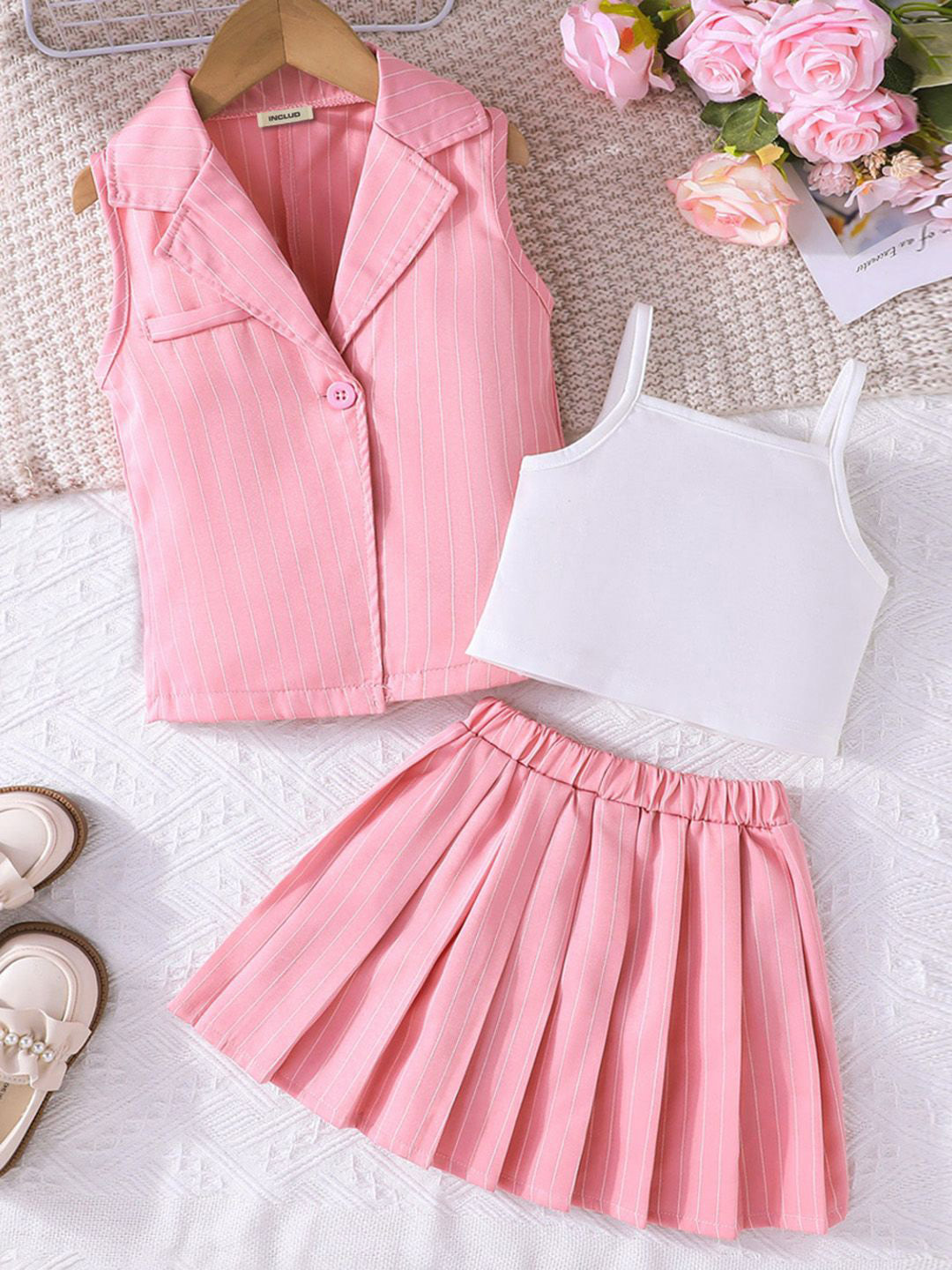 INCLUD Girls Striped Sleeveless T-shirt And Shirt With Skirt