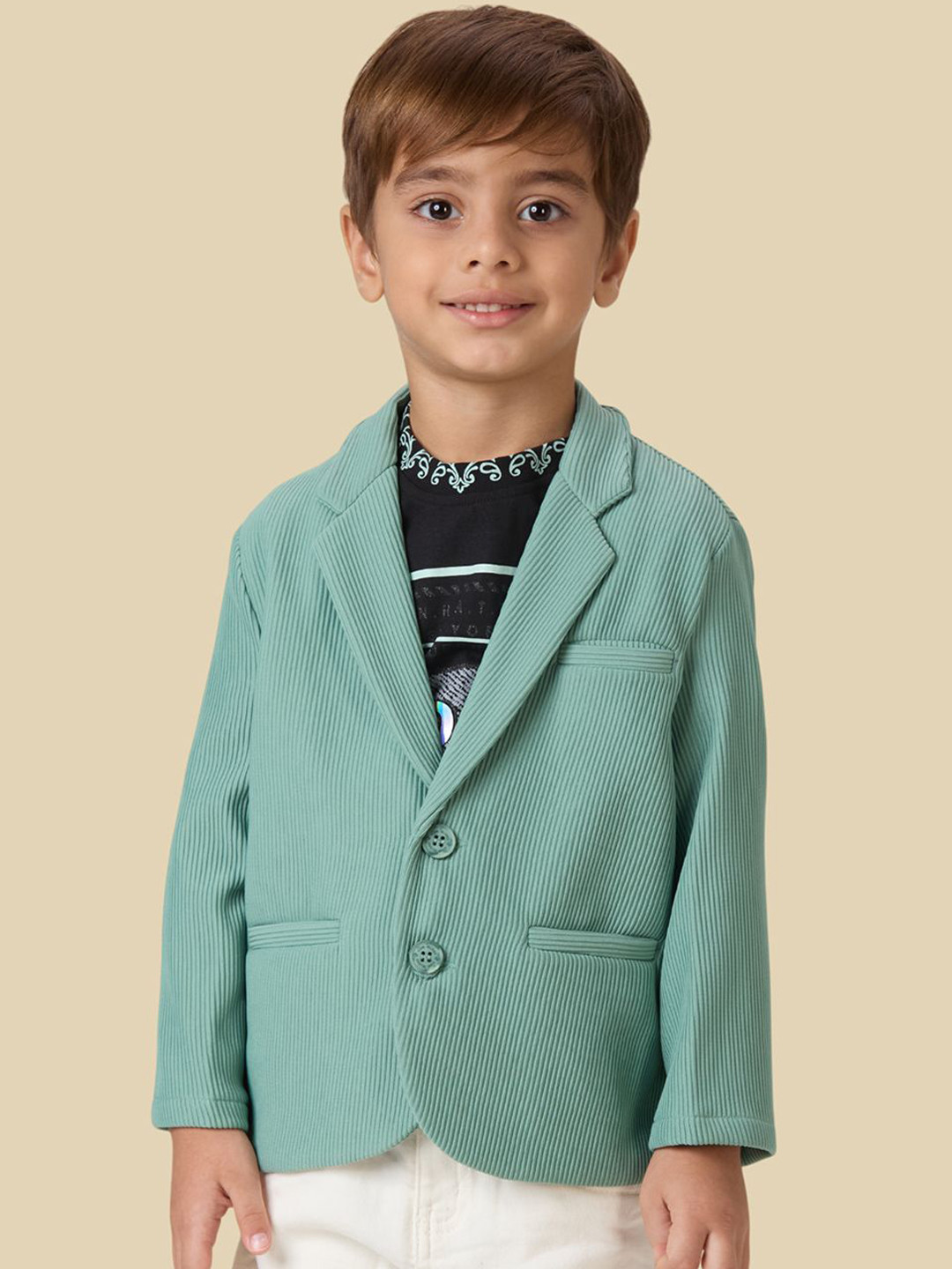YK Boys Striped Single-Breasted Full Sleeves Blazer With Graphic Printed T-Shirt